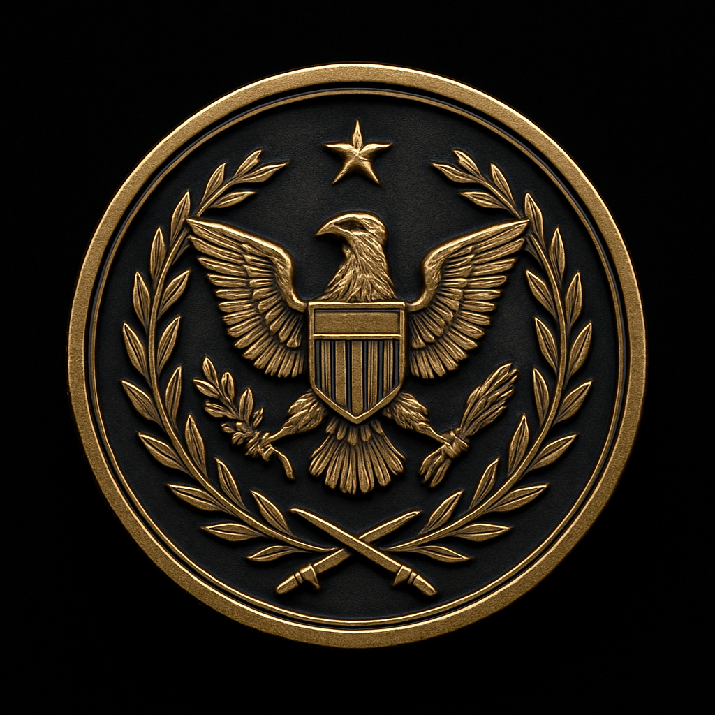 The Bestowed Honor commemorative challenge coin, featuring an engraved eagle, laurel wreath, and star in antique gold.