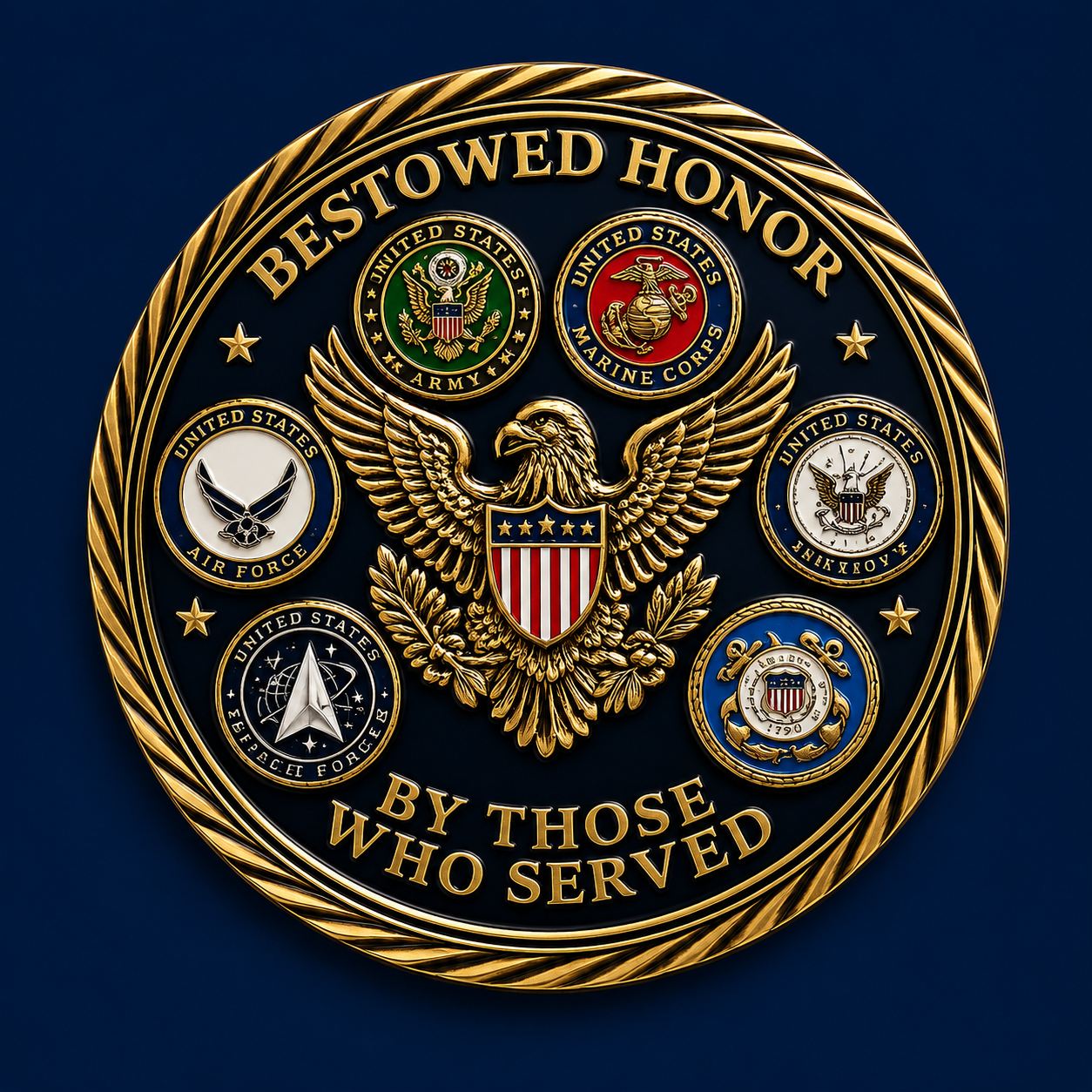 The Bestowed Honor commemorative challenge coin, featuring an engraved eagle, laurel wreath, and star in antique gold.